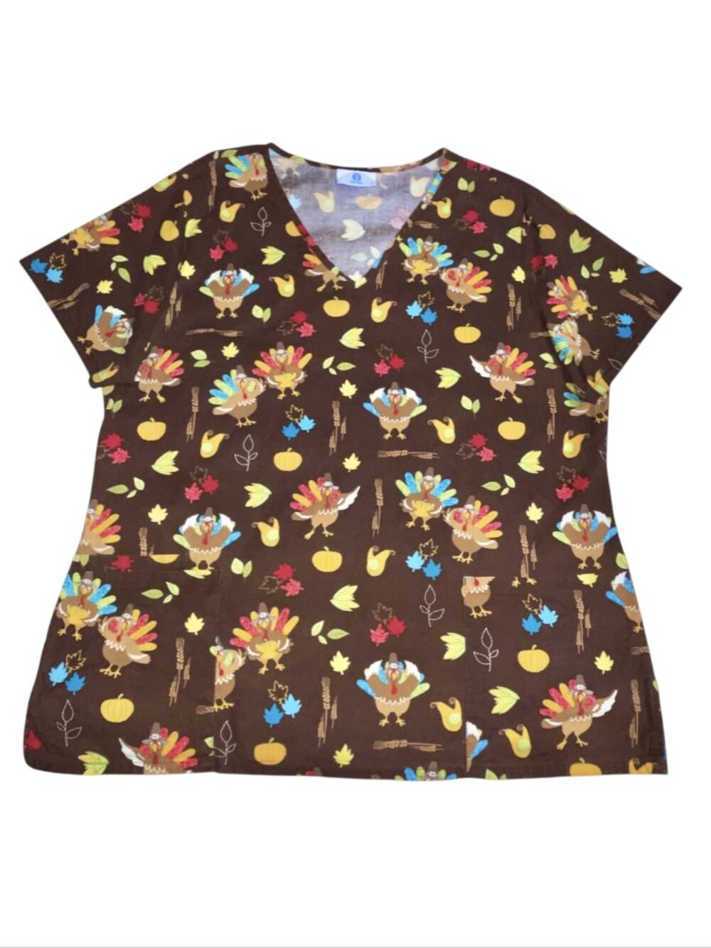 Womens Scrub Top Sz XL Brown Thanksgiving Pilgrim Turkey Fall Pumpkin Leaves
